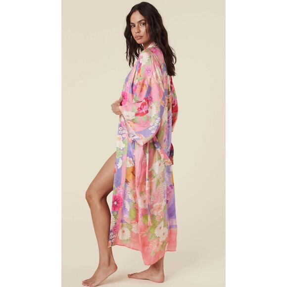 New Spell & The Gypsy Maxi Robe Carrie Pink Floral Kimono Duster M/L Large - Picture 1 of 16